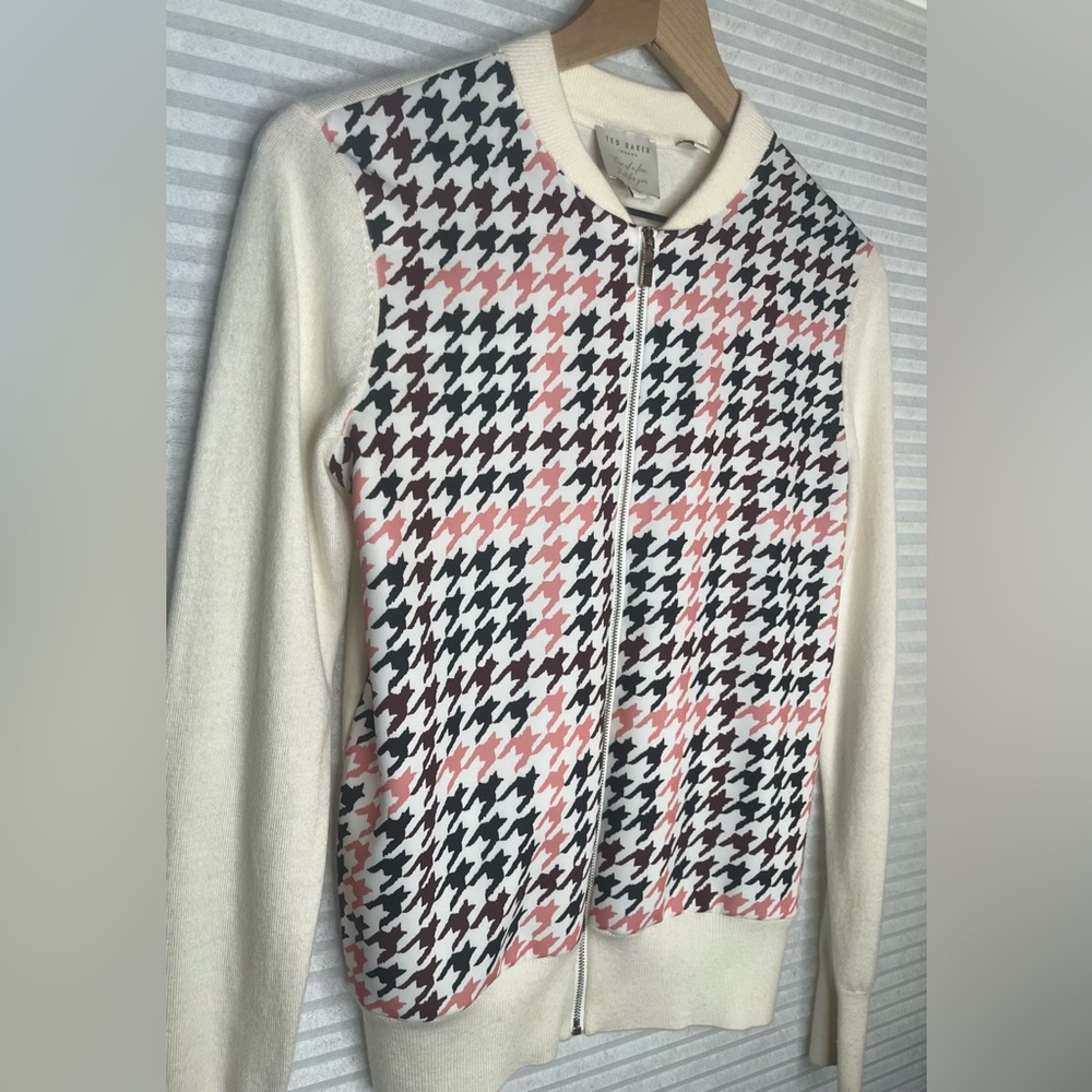 Ted Baker London Houndstooth zip up bomber sweater jacket full zip size 1 US 4 - Picture 7 of 10